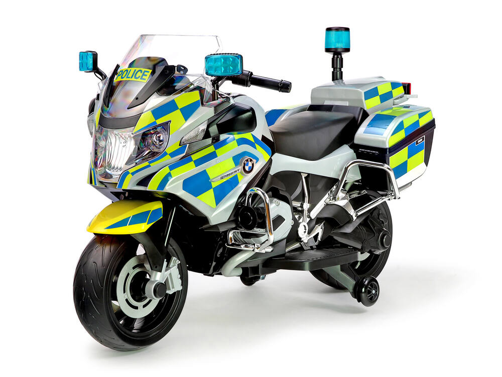 Dětská policejní motorka BMW R 1200 RT se svítícími majáky a sirénou, žlutomodrá